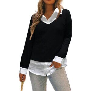 🆕Women Black Classic Collar Top Curved Hem Knit Pullover Plaid Contrast T-Shirt